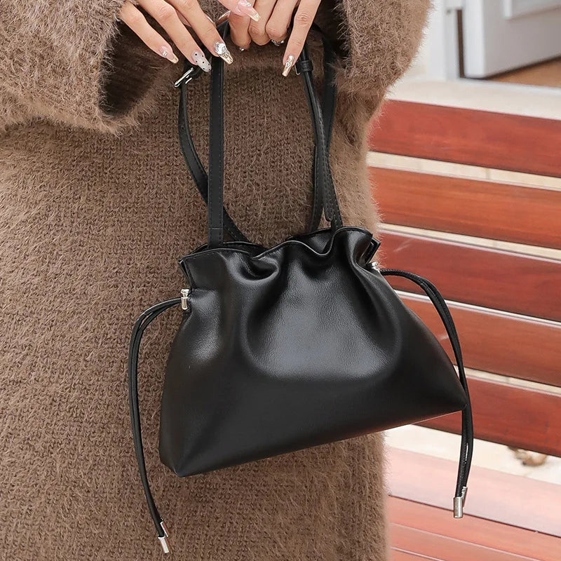 Pleated Genuine Leather Cloud Bag