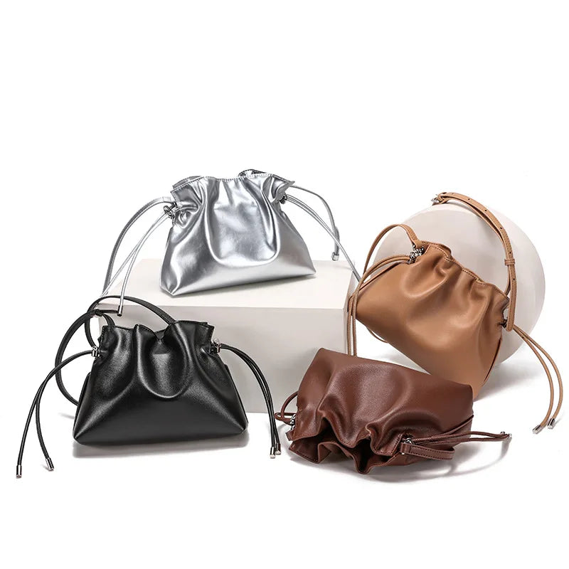 Pleated Genuine Leather Cloud Bag