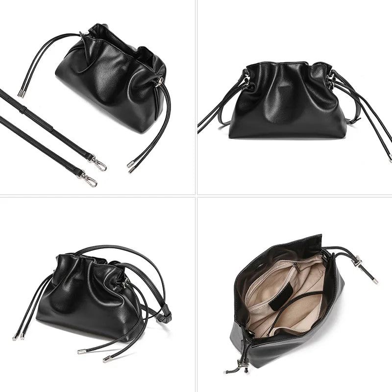 Pleated Genuine Leather Cloud Bag